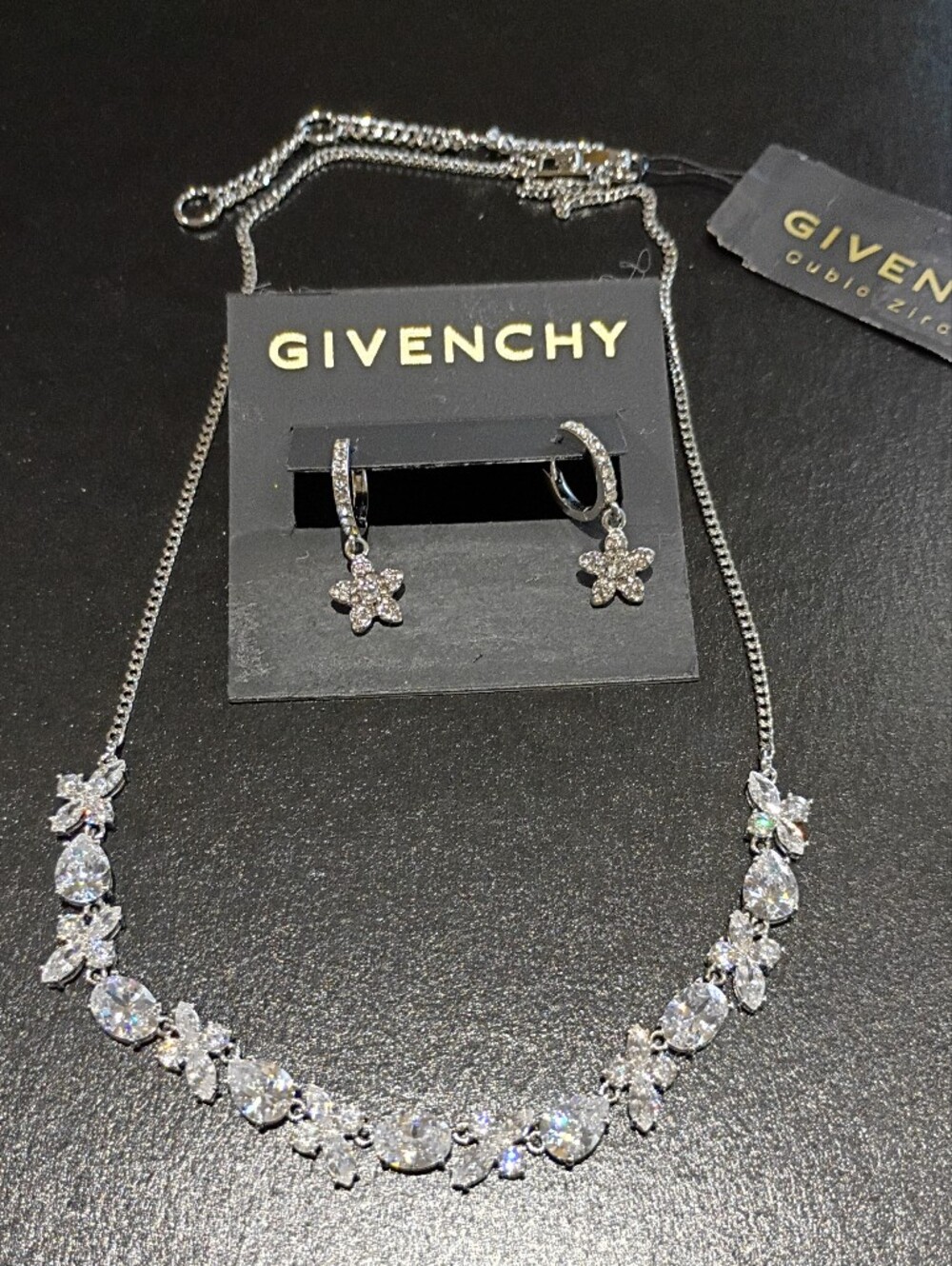 Givenchy Silver Tone CZ Flower Necklace with Matching Hoop Earrings